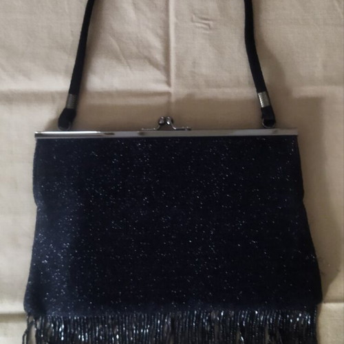 Rebecca Molenaar vintage black glitter handbag with beaded fringe