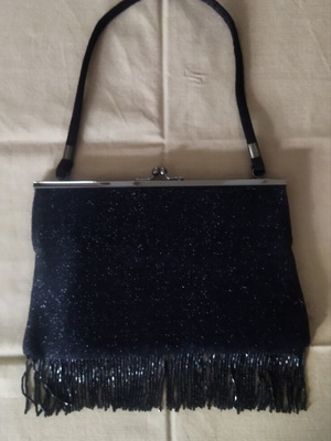 Rebecca Molenaar vintage black glitter handbag with beaded fringe