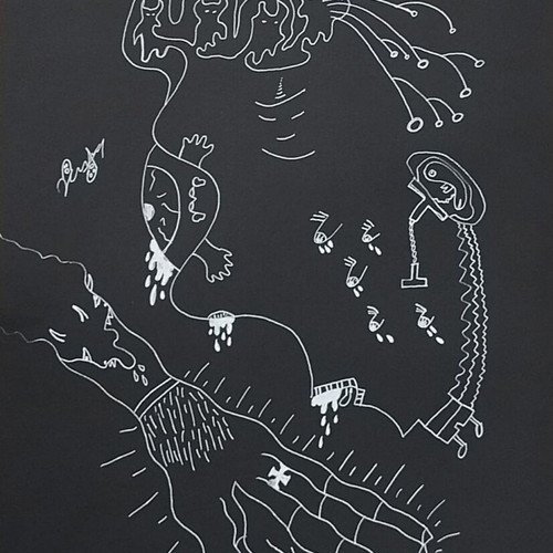 Art piece O Theios Fovos new, handmade with white ink on black paper