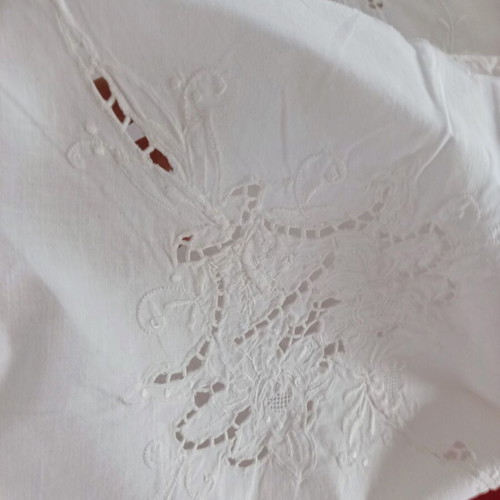 White Tablecloth with Embroidery and Cutwork used, 122x163 cm