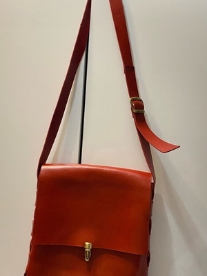 Leather crossbody bag red with adjustable strap and gold button new