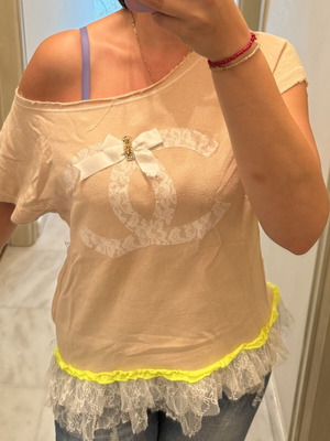 Beige T-shirt with lace details and bow, romantic Coquette style top