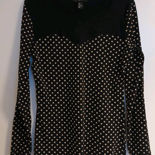 H&M women's long-sleeve blouse black with beige polka dots like new