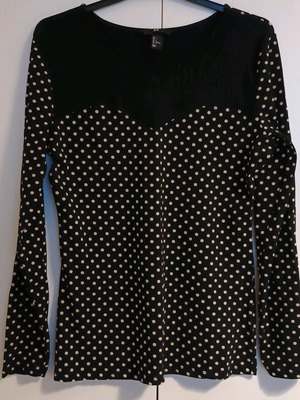 H&M women's long-sleeve blouse black with beige polka dots like new