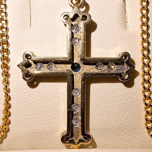 Gold cross 18K with 14K chain used with diamonds and sapphire