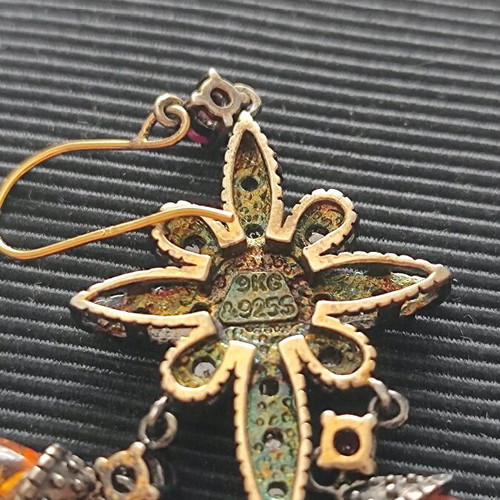 Earrings used silver-gold with diamonds, rubies and amber
