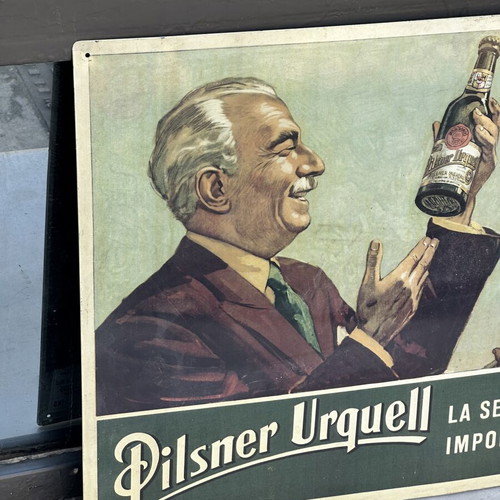 Vintage metal advertising sign Pilsner Urquell used, 56x40 cm
