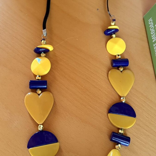 Long necklace, purple and yellow, 43 cm
