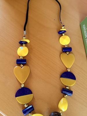 Long necklace, purple and yellow, 43 cm