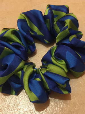 Handmade satin hair scrunchie blue and lime medium