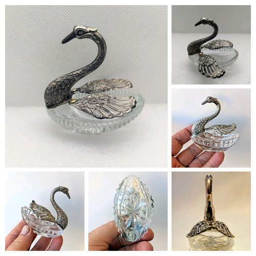 Vintage swan salt cellar used, glass and silver-plated metal