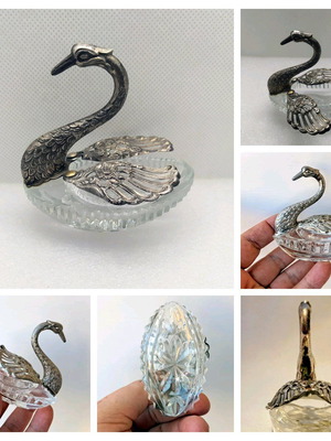 Vintage swan salt cellar used, glass and silver-plated metal