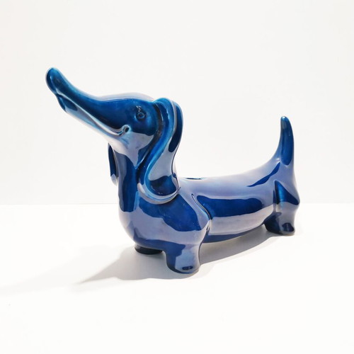 Fiance piggy bank used, Italian '60s dog-shaped with blue enamel