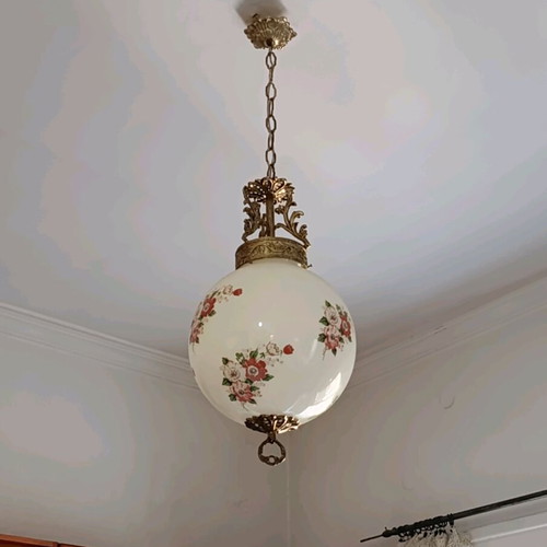 Vintage ceiling light with brass and opaline floral globe, like new