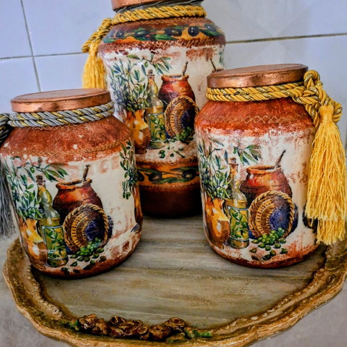 Set of 3 glass decorative kitchen jars with handmade decoupage.
