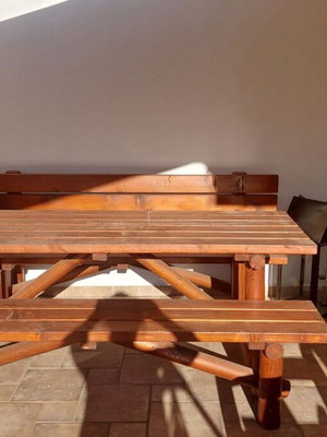 Garden table and benches used, solid wood, 2 meters