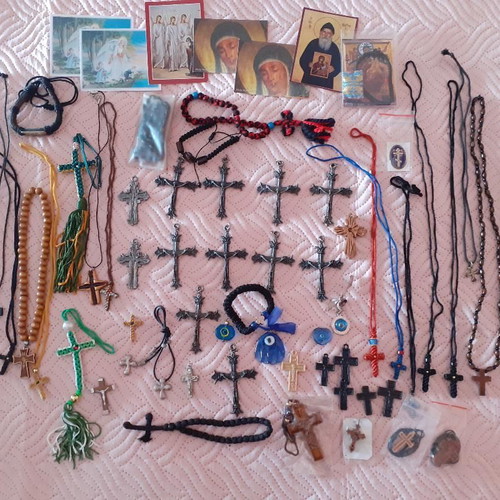 Crosses and komboskini prayer beads, metal, wool, wood
