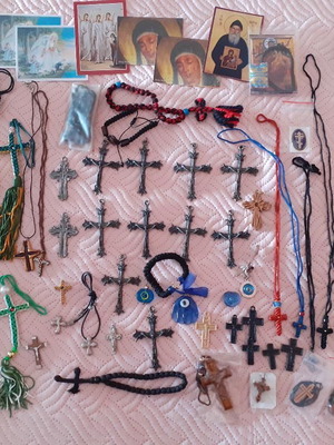 Crosses and komboskini prayer beads, metal, wool, wood