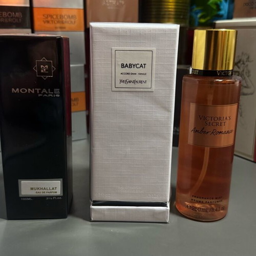 Perfume gift set for women new, Montale Mukhalat, YSL Babycat, Victoria’s Secret Amber Romance