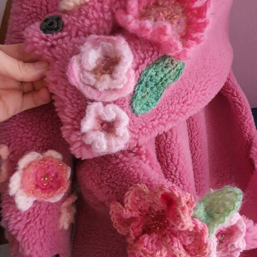 Coat new with crocheted handmade flowers pink S-M