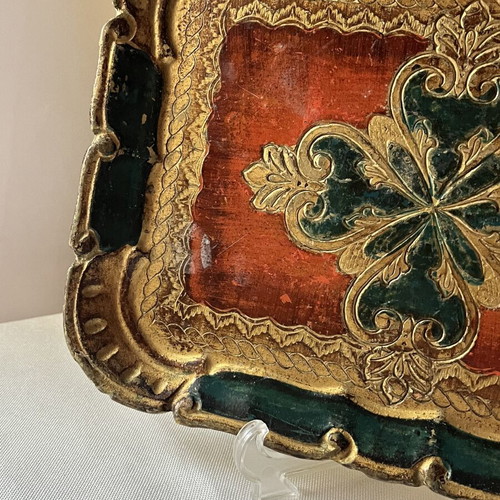Vintage Italian Florentine wooden tray 25x18 cm used