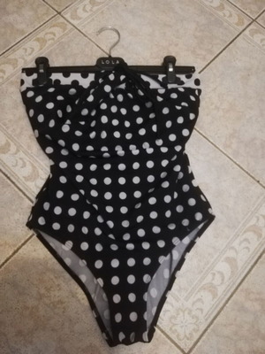 Strapless one-piece swimsuit new, quality black and white polka dots M/L