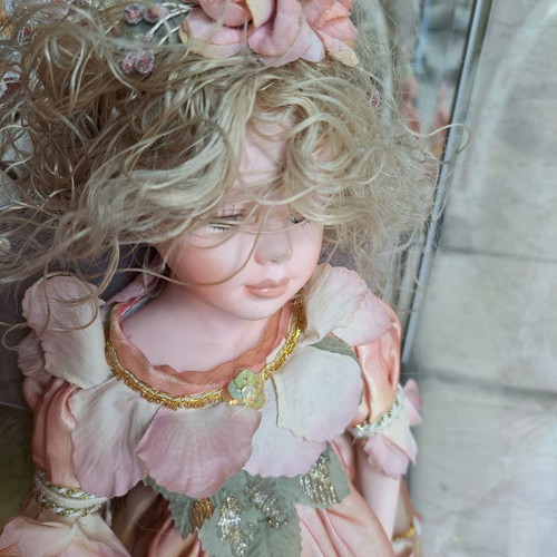 Porcelain fairy doll new, 35 cm with wooden base