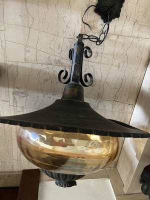 Vintage ceiling pendant light like new with metal base and glass shade