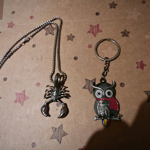 Owl and scorpion keychains new, detailed pack together