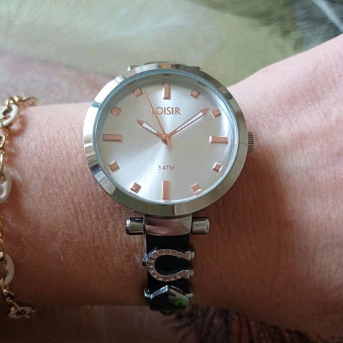 Loisir women's watch like new with black leather strap and rose gold details