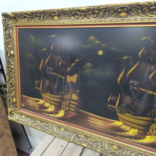 Painting with golden sailing ships under full moon, like new
