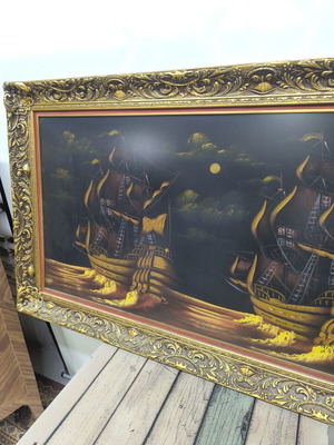Painting with golden sailing ships under full moon, like new