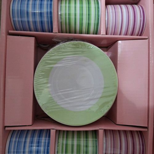 Coffee cups with saucers colored striped, set of 6, new