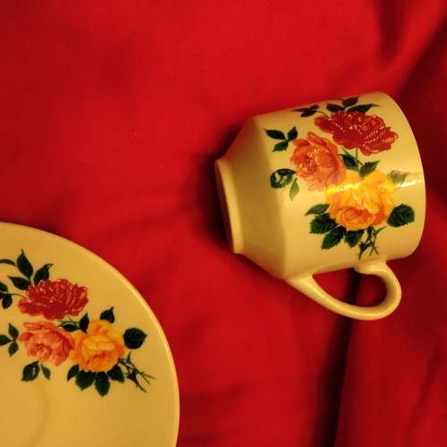 Candia Minoan porcelain coffee cup and saucer set used with floral pattern