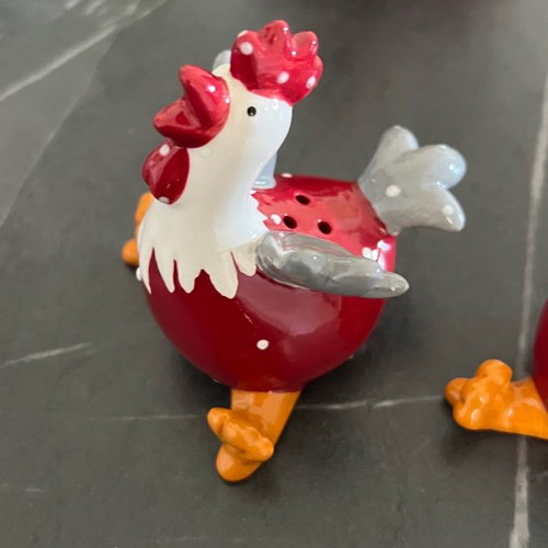 Ceramic Easter butter dish and salt pepper set new with red and white hens