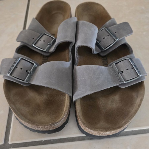 Birkenstock sandals with two straps, oiled leather, grey