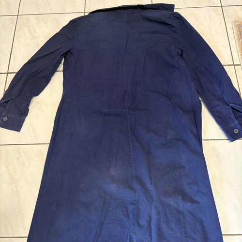 Retro women's work or school coat used, blue fabric