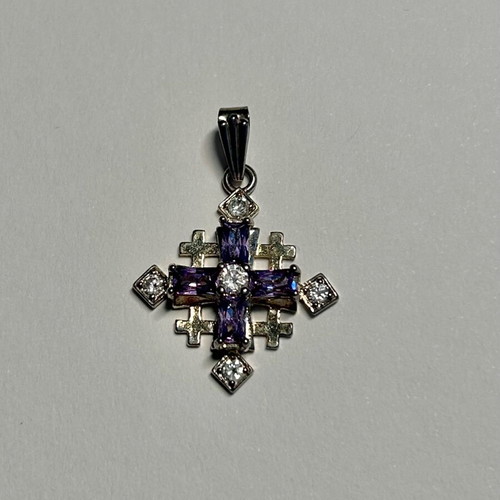 925 Sterling Silver Cross Pendant with Amethyst and Cubic Zirconia, New