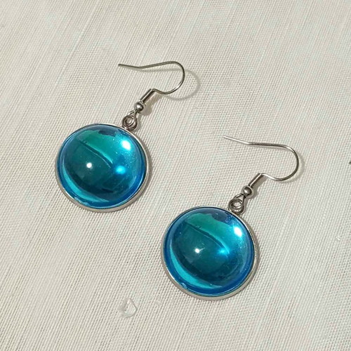 Round earrings with blue cabochon new, stainless steel