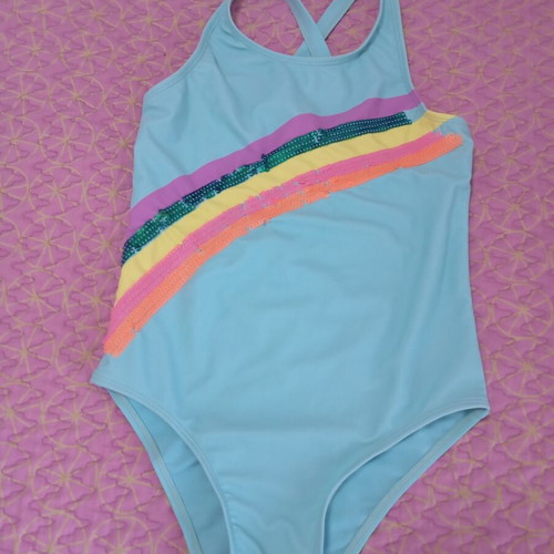 Girls' one-piece swimsuit turquoise with glitter and crossed back, like new, Angels
