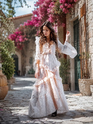 Mya Collection Κρεμ Μάξι Φόρεμα Μεταχειρισμένο, Boho Στυλ με Βολάν