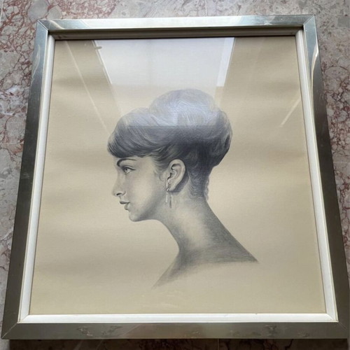 Pencil drawing painting used, 45x48 cm with frame