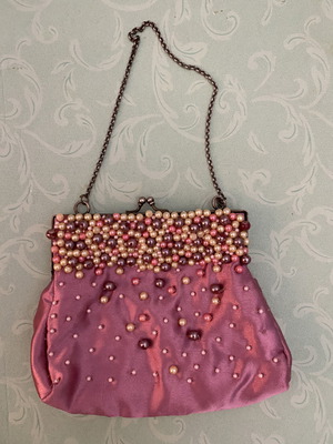 Τσαντάκι clutch Sinequanone μεταχειρισμένο, ροζ με κέντημα 15x16cm