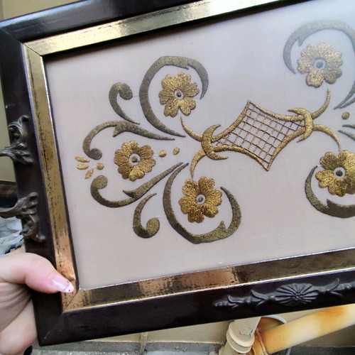 Vintage wooden tray with embroidery used