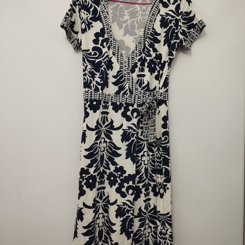 Women's Damask Wrap Dress Size M White Navy Blue