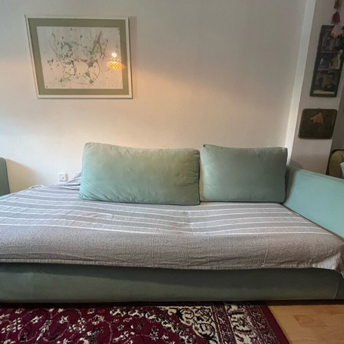 Two-piece sofa used, velvet fabric, sturdy construction