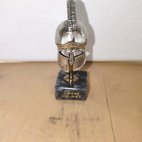 Metal miniature of ancient Greek helmet with marble base new