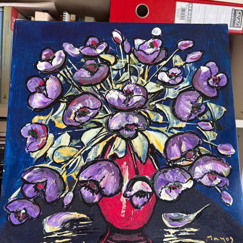 Painting by Manos Zacharakis Tropical Flowers oil on wood like new