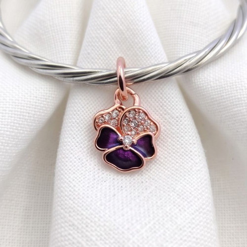Pandora Deep Purple Pansy Flower Dangle Charm new, 14k rose gold