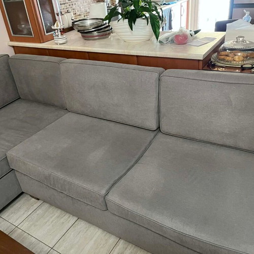 Handmade corner sofa cherry wood 2.35x1.70 like new, gray fabric
